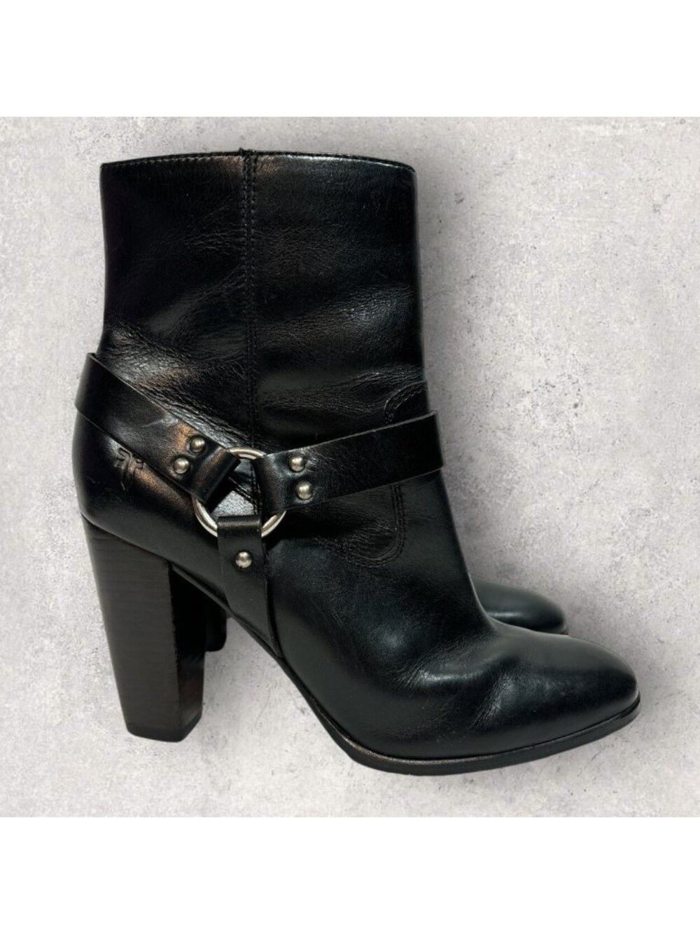 Frye Laurie Harness Boots Womens 8.5 M Black Leather Zippered Booties Shoes Heel